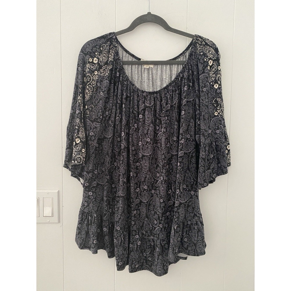 Style & Co Women's 2X Paisley 3/4 Sleeve Tunic Rayon‎ Black & Gray